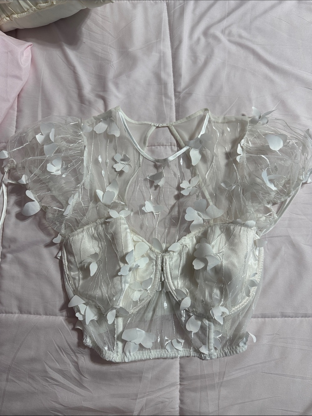Victoria's Secret White Sheer Floral Appliqué Puff-Sleeve Crop Top